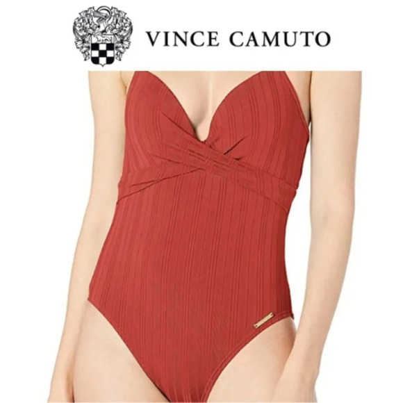 Vince Camuto Ivory Halter Wrap Front Molded Cups One Piece Women's Swims… - Picture 15 of 16